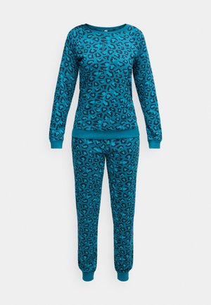 Conjunto de pijama color turquesa con estampado de leopardo. Top de manga larga con cuello redondo, pantalones ajustados a juego con puños en los tobillos. Tela suave.
