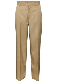 Beige skräddarsydda byxor med en slät textur, med flat fram, bälteshällor och raka ben. Tyget verkar lätt och veckbeständigt.