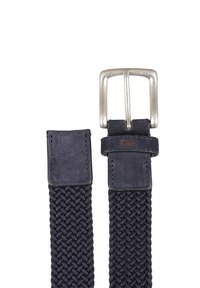Cintura intrecciata blu navy con dettagli in pelle e una fibbia in metallo argentato. Presenta un motivo testurizzato e un'etichetta in pelle con marchio.