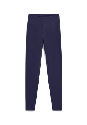 Leggings bleu marine en tissu extensible ; dotés d'une taille haute, d'une coupe longueur totale et d'une texture lisse sans motifs ni accents visibles.