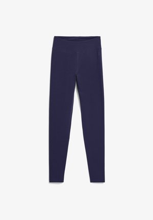 Leggings bleu marine en tissu extensible ; dotés d'une taille haute, d'une coupe longueur totale et d'une texture lisse sans motifs ni accents visibles.
