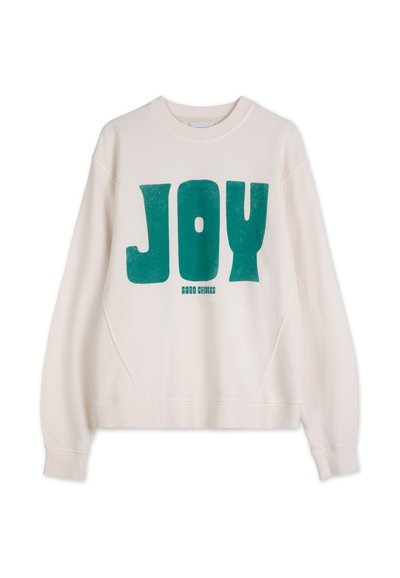 Felpa color crema con una grande scritta teal "JOIA" e polsini a coste. Tessuto morbido e texture, con una vestibilità casual e scollatura rotonda.