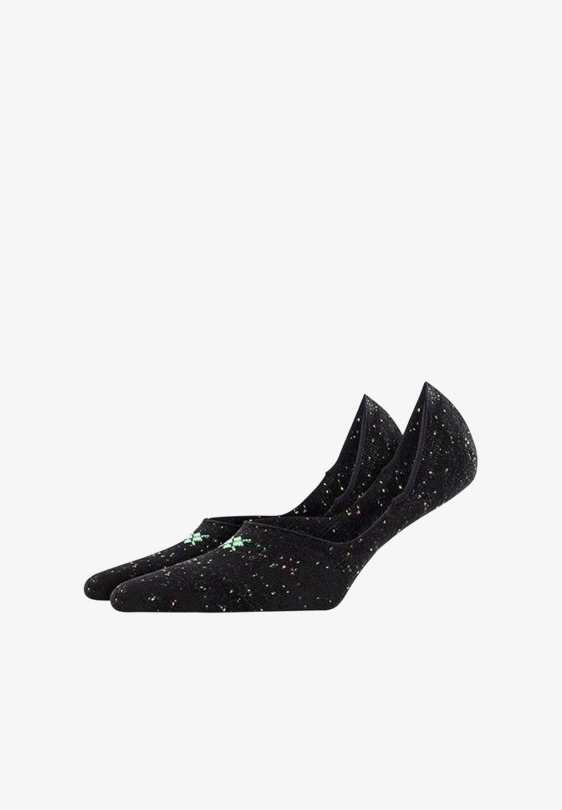 Calcetines negros con una superficie texturada y motas multicolores. Diseño elegante con un corte bajo para un ajuste ceñido.