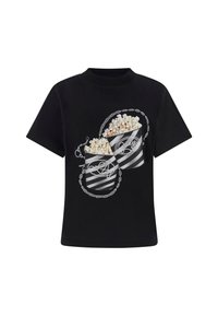 T-shirt nera in cotone, con una grafica di contenitori di popcorn a righe con dettagli a catena e perline.