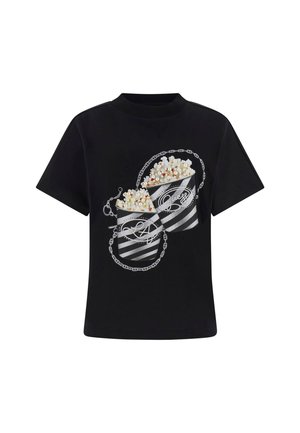 Zwart T-shirt van katoen, met een grafisch ontwerp van gestreepte popcornbakjes met kettingaccenten en parelachtige details.