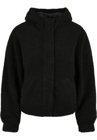 Black, hooded, fleece jacket with a textured, fluffy exterior, front pockets, and a cropped design. No visible hardware details.