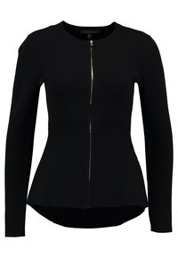 Czarna kurtka z długim rękawem, okrągłym dekoltem i zamkiem błyskawicznym z przodu. Dopasowany fason z przeszyciami w talii oraz lekko dłuższym tyłem.