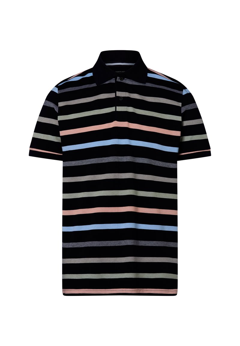 Poloshirt mit kurzen Ärmeln, ausgestattet mit horizontalen Streifen in Schwarz, blassem Blau, hellem Grün, Grau und Pastellrosa, aus einem Baumwollmischgewebe gefertigt.