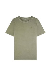 Olijfgroene katoenen T-shirt met korte mouwen, ronde hals en minimalistische logo-detail op de borst. Soepele textuur en klassiek ontwerp.