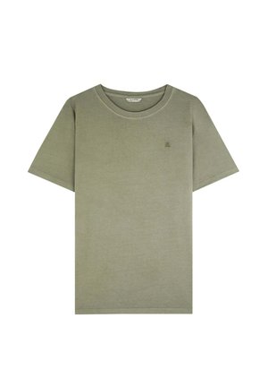 Olijfgroene katoenen T-shirt met korte mouwen, ronde hals en minimalistische logo-detail op de borst. Soepele textuur en klassiek ontwerp.