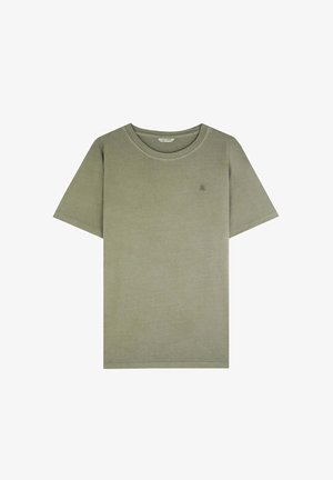 Tricou din bumbac verde măsliniu cu mâneci scurte, guler rotund și detalii minimaliste cu logo pe piept. Textură netedă și design clasic.