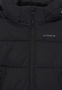 Svart vadderad jacka med dragkedja, har huva, sidofickor och "ICEPEAK"-logotypen på bröstet. Tyget ser slätt ut.