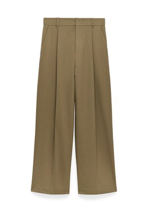 Pantalons à taille haute et jambes larges en vert olive avec passants de ceinture, plis sur le devant, poches latérales et fermeture frontale cachée.