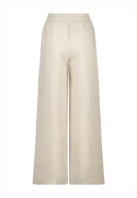 Wide-leg trousers in beige fabric with thin vertical stripes. Features an elastic waistband and a rear pocket for convenience.