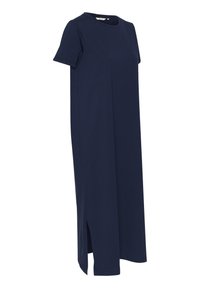 Robe maxi bleu marine à manches courtes, col rond et fente latérale, présentée sur fond blanc.