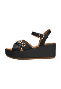 Zwarte plateau-sandalen met verstelbare enkelband, voorzien van metallic gesp-accenten en een gestructureerde zool. Lichtgewicht en stijlvol ontwerp.
