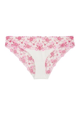 Culotte blanche pour femmes avec bordure en dentelle florale rose le long de la ceinture et des ouvertures pour les jambes, présentant des motifs de fleurs complexes.