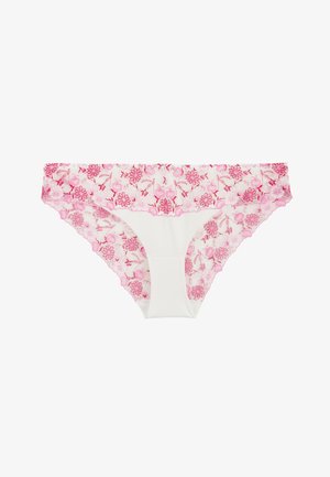 Culotte blanche pour femmes avec bordure en dentelle florale rose le long de la ceinture et des ouvertures pour les jambes, présentant des motifs de fleurs complexes.