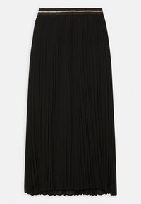 Plissé zwarte midi-rok met een metallic tailleband. Beschikt over een vloeiende stijl en een gestructureerde stof. Verkrijgbaar in een effen kleur.