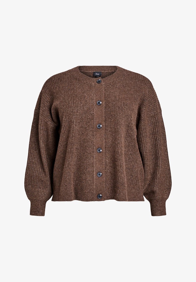 Brauner gestrickter Cardigan mit geripptem Muster, Rundhalsausschnitt, langen Ärmeln und sechs schwarzen Knöpfen an der Vorderseite. Keine sichtbaren Taschen.