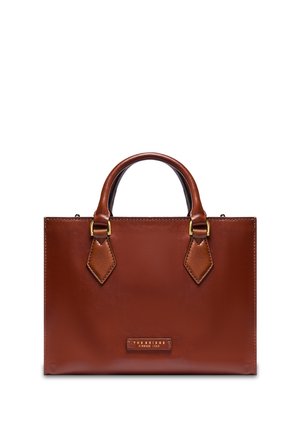 Borsa a mano in pelle marrone con doppi manici e dettagli in metallo dorato, caratterizzata da una forma rettangolare e dall’etichetta del marchio al centro davanti.