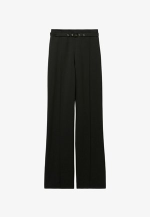 Pantalones anchos negros con una tela texturizada, una cintura ceñida con dos botones y pliegues frontales marcados para un aspecto elegante.