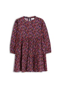 Kwiatowa sukienka z granatowym tłem, ozdobiona wielokolorowymi kwiatami, z długimi rękawami, okrągłym dekoltem i marszczonym dołem.