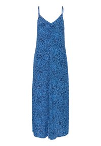 Robe bleue avec un décolleté en V et des bretelles fines. Présente un motif à pois avec différentes nuances de bleu sur un fond bleu foncé. Tissu lisse.