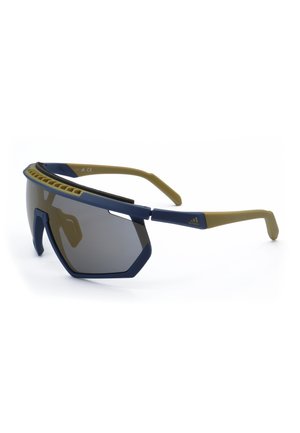 Occhiali da sole sportivi con lenti avvolgenti scure e montatura blu e verde oliva progettati per attività all'aperto.