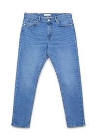 Jeans in denim blu chiaro con un design a gamba dritta, stile a cinque tasche, bottone superiore e passanti per cintura. Texture invecchiata senza motivi visibili.