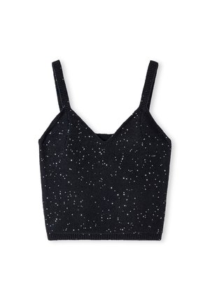 Schwarzes, gestricktes Croptop mit dünnen Trägern und verstreuten kleinen silbernen Pailletten auf weißem Hintergrund.