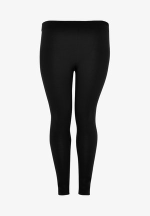 Black leggings with a smooth, stretchy fabric. Features a high waistband and a fitted silhouette, providing full-length coverage.