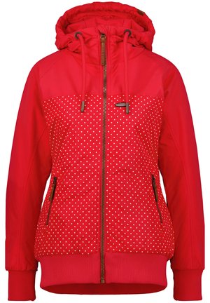 Rote Kapuzenjacke mit weißen Polka-Dots im unteren Bereich, mit einem Reißverschluss vorne, verstellbaren Kordeln und gerippten Bündchen.