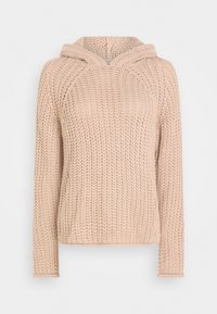 Ljust beige stickad huvtröja med långa ärmar, med en strukturerad tyg och en framficka. Huvan har en enkel, rundad design.