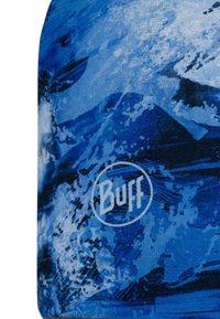 Blue patterned multifunctional headwear made of stretchy fabric, featuring abstract wave designs and a white "Buff" logo.