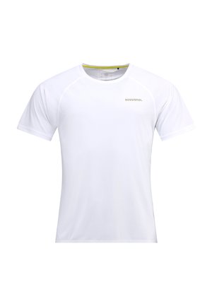 Weißes Kurzarmhemd aus leichtem Stoff, mit Rundhalsausschnitt und einem dezenten grauen Logo auf der Vorderseite, mit glatter Textur.