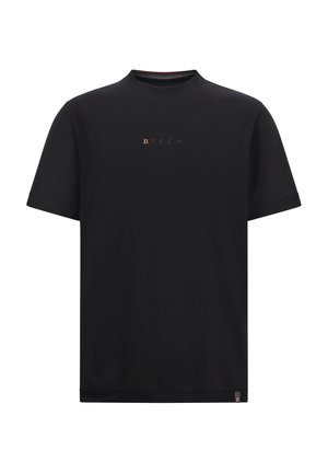 Black crewneck t-shirt made from soft fabric, features short sleeves, a straight hem, and a small contrasting "B TECH" logo on the front.