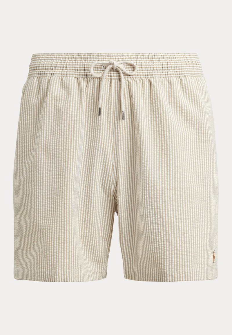 Beige und weiß gestreifte leichte Shorts mit elastischem Bund und Kordelzug, entworfen für die Freizeit.