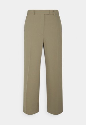 Pantalon beige droit avec passants de ceinture et fermeture avant cachée sur fond blanc.
