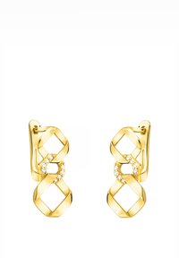 Goldene Ohrringe mit einem filigranen, ineinandergreifenden Design, das einen zentralen Akzent aus kleinen klaren Kristallen aufweist, polierter Oberfläche und geschwungenen Haken.
