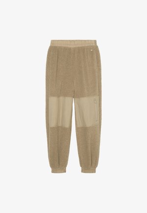 Béžové fleecové kalhoty s texturovaným horním dílem, hladkými kolenními výztuhami, bočním kapsou na zip a elastickými manžetami a pasem.
