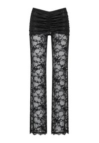 Pantalon en dentelle noire à motifs floraux, taille froncée, coupe droite et ourlets en dentelle festonnée, tissu semi-transparent.
