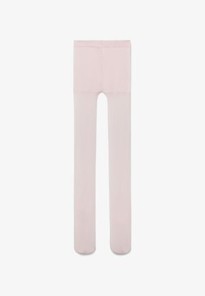 Lyserøde, uigennemsigtige strømpebukser med bred talje, vist fladt på en hvid baggrund.