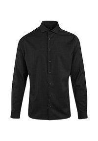 Svart langermet skjorte med knappede krage, laget av teksturert stoff, med frontknappelukking med svarte knapper og en klassisk passform.