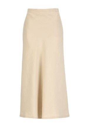 Béžová midi sukňa s vysokým pásom, áčkového strihu, s hladkou textúrou a jednoduchým dizajnom, s dĺžkou pod kolená.