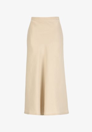 Jupe midi beige taille haute, coupe trapèze, avec une texture lisse et un design simple, s'étendant sous le genou.