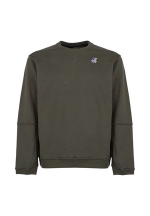 Felpa verde oliva con maniche lunghe, design a scollo a V, polsini e orlo a coste. Presenta un piccolo logo sulla parte superiore sinistra. Tessuto dalla texture morbida.