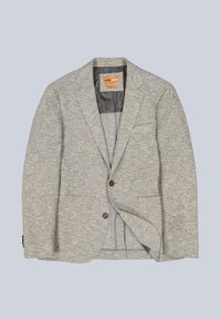 Gray textured blazer with two front pockets, a two-button closure, and a contrasting inner lining. Features a classic lapel design.