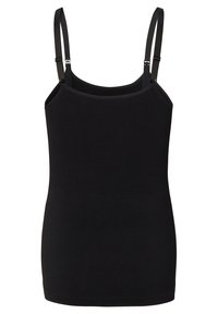 Zwarte tanktop met dunne verstelbare bandjes, geribde textuur en een aansluitende pasvorm. Eenvoudig ontwerp zonder patronen of extra accenten.