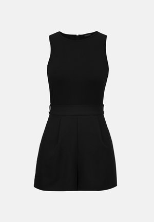 Zwarte mouwloze romper met aangesloten geribbelde top, ronde halslijn, brede tailleband en losse korte broek met plooien aan de voorkant en zijzakken.
